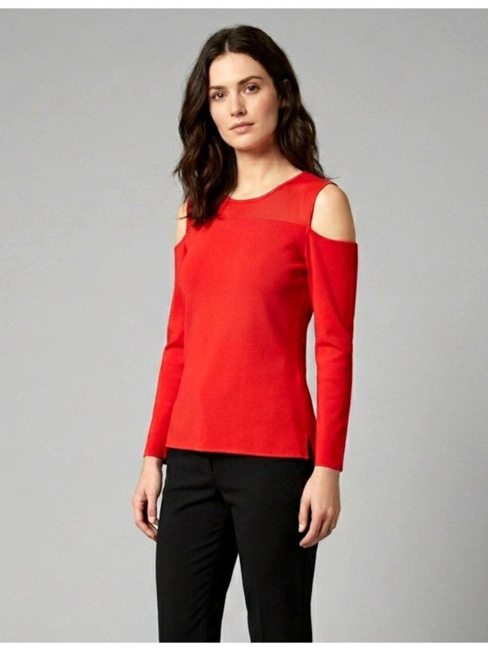 Karen Millen Orange Cold Shoulder Mesh Yoke Knit Top Size US 6 Long Sleeve New